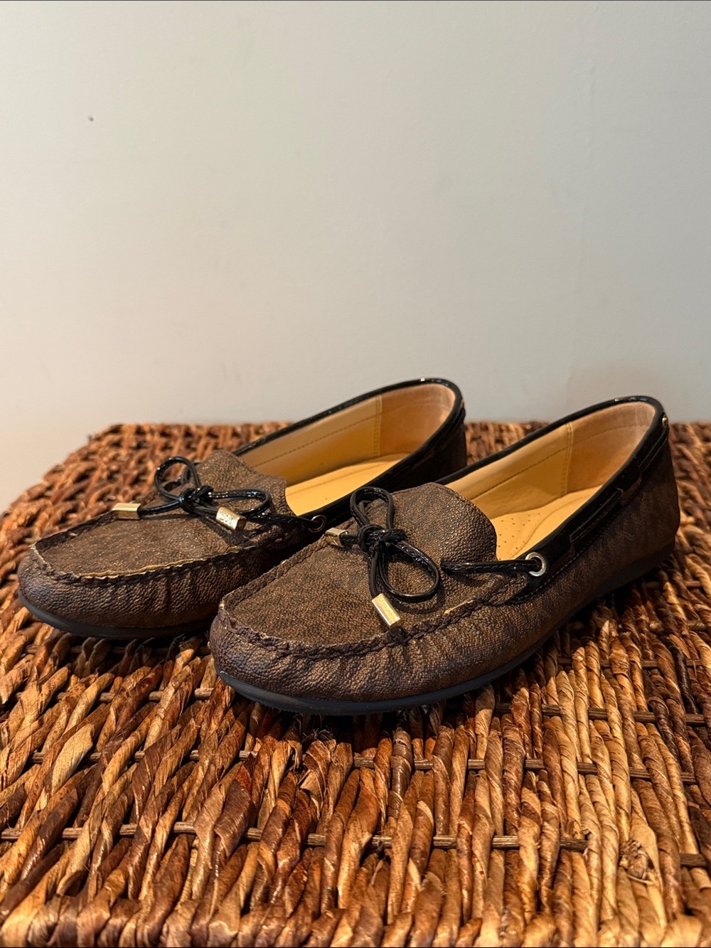 Michael Kors Brown Textured Driving Loafers with Bow Accent